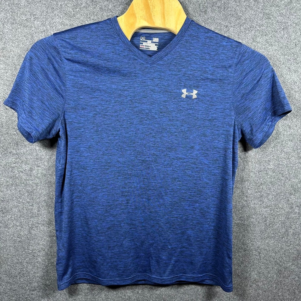Under Armour Mens HeatGear V-Neck T-Shirt Blue Heather Loose Fit Large LG